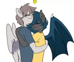 Size: 1229x1033 | Tagged: safe, artist:kei kun, artist:nukepone, derpibooru import, oc, oc:nuke, oc:speck, anthro, bat pony, pegasus, anthro oc, couple, gay, hug, lip bite, male, married, married couple, married couples doing married things, speke