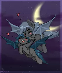 Size: 1019x1197 | Tagged: safe, artist:fatcakes, derpibooru import, oc, oc:angel tears, oc:speck, unofficial characters only, bat pony, pony, bat pony oc, bat wings, crescent moon, female, flying, moon, mother and child, mother and daughter, signature, wings