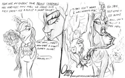 Size: 1000x623 | Tagged: semi-grimdark, artist:omny87, derpibooru import, prince blueblood, queen chrysalis, changeling, pony, unicorn, bluesalis, changeling slime, comic, dialogue, fangs, feeding, female, flower, magic, male, monochrome, shipping, sketch, slime, straight