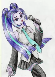 Size: 2181x3033 | Tagged: safe, artist:40kponyguy, derpibooru import, aria blaze, equestria girls, ariatsune miku, bare shoulders, boots, clothes, cosplay, costume, crossover, hatsune miku, looking at you, microphone, necktie, pigtails, pleated skirt, redraw, shoes, simple background, singing, skirt, socks, solo, thigh boots, thigh highs, traditional art, twintails, vocaloid, white background, zettai ryouiki