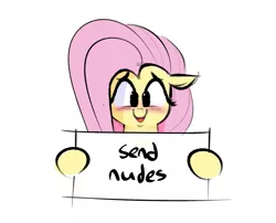 Size: 1097x887 | Tagged: safe, artist:hattsy, derpibooru import, fluttershy, pony, blushing, female, floppy ears, looking at you, mare, open mouth, send nudes, sign, simple background, solo, we don't normally wear clothes, white background