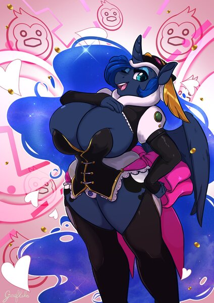 Size: 1500x2121 | Tagged: alicorn, alternate version, anthro, artist:arnachy, big breasts, breasts, busty princess luna, cleavage, clothes, derpibooru import, female, gloves, hand on hip, heart, huge breasts, impossibly large breasts, looking at you, mawaru penguindrum, princess luna, socks, solo, solo female, stockings, suggestive, thigh highs