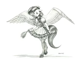 Size: 1400x1071 | Tagged: anthro, artist:baron engel, clothes, curtsey, cute, derpibooru import, duster, female, floppy ears, fluttershy, gloves, grayscale, large wings, maid, mare, monochrome, outfit, pegasus, pencil drawing, safe, shoes, simple background, skirt, smiling, socks, solo, stockings, thigh highs, traditional art, unguligrade anthro, white background, wings