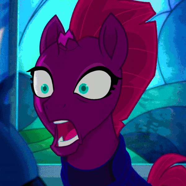 Size: 804x804 | Tagged: safe, derpibooru import, edit, edited screencap, screencap, fizzlepop berrytwist, grubber, tempest shadow, pony, unicorn, my little pony: the movie, angry, animated, armor, broken horn, canterlot castle, color cycling, colored, cropped, drugs, eye scar, faic, gif, horn, hue, open up your *very* eyes, open up your eyes, saturated, scar, screaming, seizure warning, solo focus, stained glass, twitching