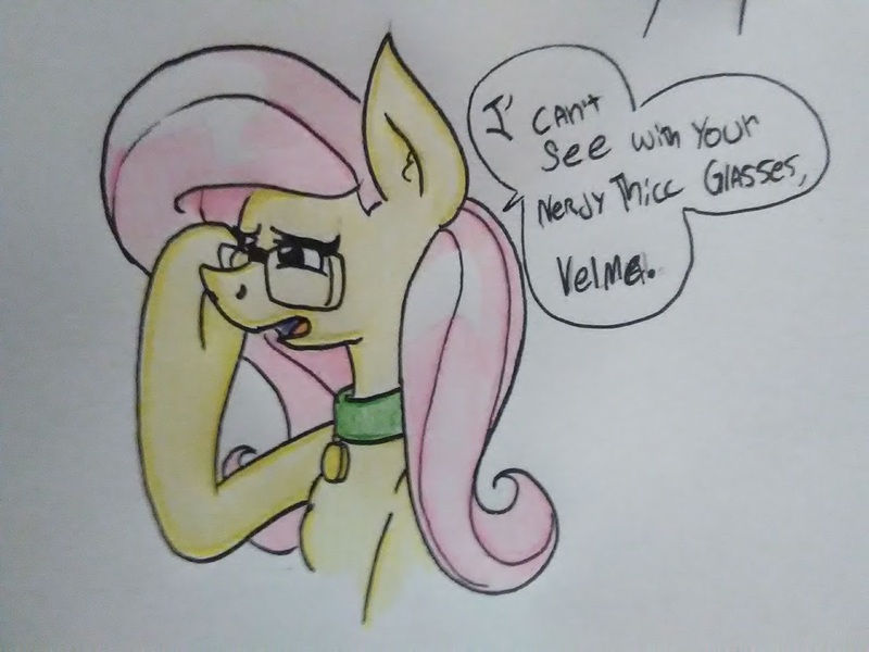 Size: 1292x969 | Tagged: safe, artist:paper view of butts, derpibooru import, fluttershy, oc, oc:futashy, pony, cannon, clothes, collar, color, comic, dialogue, female, futa, futa fluttershy, glasses, intersex, mare, traditional art