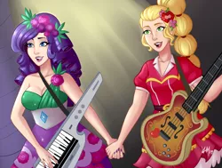 Size: 2000x1508 | Tagged: safe, artist:emberfan11, derpibooru import, applejack, rarity, human, equestria girls, clothes, crystal gala, cute, dress, female, flower, flower in hair, freckles, guitar, holding hands, humanized, jackabetes, keytar, lesbian, musical instrument, nail polish, open mouth, pretty, raribetes, rarijack, scene interpretation, shipping, signature, skirt, sleeveless