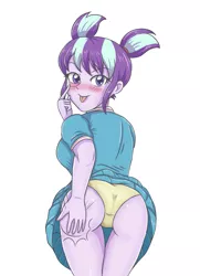 Size: 2479x3424 | Tagged: suggestive, artist:sumin6301, derpibooru import, starlight glimmer, equestria girls, :p, adorasexy, ass, breasts, butt, clothes, cute, female, glimmer glutes, high res, looking at you, looking back, looking back at you, panties, pigtails, rear view, self spanking, sexy, silly, simple background, skirt, skirt lift, solo, solo female, spanking, stupid sexy starlight glimmer, tongue out, underwear, upskirt, white background, yellow underwear, younger