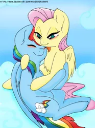 Size: 606x815 | Tagged: safe, artist:khaotixdreamfd, derpibooru import, fluttershy, rainbow dash, pegasus, pony, blushing, cloud, cute, eyes closed, female, flutterdash, lesbian, mare, shipping, smiling