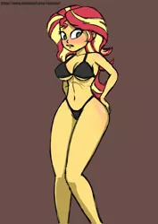 Size: 2507x3546 | Tagged: suggestive, artist:rambon7, derpibooru import, sunset shimmer, equestria girls, belly button, black underwear, blushing, bra, breasts, brown background, busty sunset shimmer, cleavage, clothes, embarrassed, embarrassed underwear exposure, female, lip bite, looking at you, panties, sexy, simple background, sketch, solo, solo female, stupid sexy sunset shimmer, thighs, underboob, underwear, wide hips