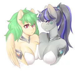 Size: 2500x2295 | Tagged: suggestive, artist:yamayuka, derpibooru import, oc, oc:meadow blossom, oc:torque screw, unofficial characters only, anthro, pegasus, unicorn, anthro oc, breasts, clothes, commission, female, lesbian, looking at you, ponytail, simple background, smiling, white background, ych result