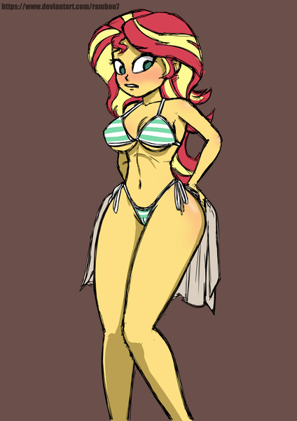 Size: 2507x3546 | Tagged: suggestive, artist:rambon7, derpibooru import, sunset shimmer, equestria girls, big breasts, bikini, blushing, breasts, busty sunset shimmer, cleavage, clothes, female, looking at you, side-tie bikini, solo, solo female, striped swimsuit, swimsuit