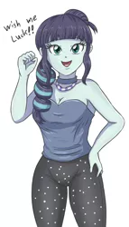 Size: 1817x3185 | Tagged: safe, artist:sumin6301, derpibooru import, coloratura, equestria girls, breasts, busty coloratura, cleavage, clothes, dialogue, exclamation point, female, looking at you, open mouth, pants, rara, simple background, solo, white background