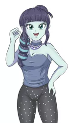 Size: 1817x3185 | Tagged: safe, artist:sumin6301, derpibooru import, edit, coloratura, equestria girls, breasts, busty coloratura, cleavage, clothes, female, looking at you, open mouth, pants, rara, simple background, solo, white background
