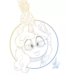 Size: 1225x1400 | Tagged: safe, artist:fuzon-s, derpibooru import, oc, oc:eleos, unofficial characters only, pony, unicorn, :p, bust, female, food, glasses, gradient lineart, looking at you, mare, pineapple, portrait, silly, sketch, solo, style emulation, tongue out, yuji uekawa style