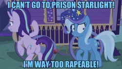 Size: 1334x750 | Tagged: suggestive, artist:dwk, derpibooru import, edit, edited screencap, screencap, starlight glimmer, trixie, pony, unicorn, totally legit recap, to where and back again, caption, female, hat, image macro, implied rape, mare, meme, nightcap, text, trixie yells at everything, trixie's wagon