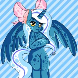 Size: 1000x1000 | Tagged: safe, artist:nemisis-draw100, derpibooru import, oc, oc:fleurbelle, unofficial characters only, alicorn, pony, adorabelle, alicorn oc, bipedal, blue background, bow, cute, female, hair bow, horn, long mane, long tail, mare, ribbon, simple background, smiling, solo, stripe background, upright, upright position, wings, yellow eyes