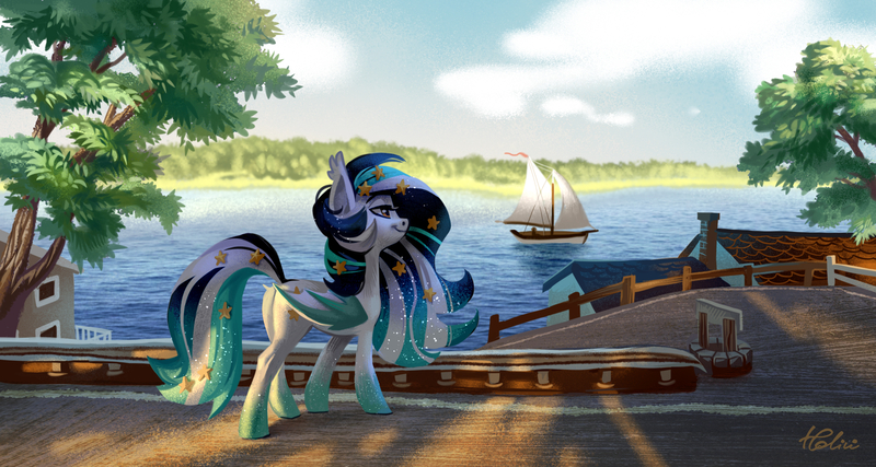 Size: 2067x1102 | Tagged: safe, artist:holivi, derpibooru import, oc, oc:wistful galaxy, unofficial characters only, bat pony, pony, bat pony oc, bat wings, boat, commission, female, mare, ocean, original character do not steal, scenery, scenery porn, solo, sparkly mane, tree, water, wings