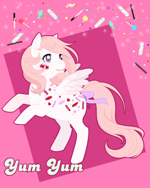 Size: 799x1000 | Tagged: safe, artist:reachfarhigh, derpibooru import, yum yum, pegasus, pony, bow, candy, food, g1, solo, tail bow, twice as fancy ponies