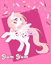 Size: 799x1000 | Tagged: safe, artist:reachfarhigh, derpibooru import, yum yum, pegasus, pony, bow, candy, food, g1, solo, tail bow, twice as fancy ponies