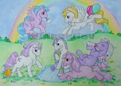 Size: 1024x728 | Tagged: artist:whippetluvpony, baby blossom, baby bottle, baby cotton candy, baby firefly, baby glory, baby moondancer, baby ponies, baby surprise, balloon, derpibooru import, flying, g1, obtrusive watermark, rainbow, rattle, safe, toy, watermark