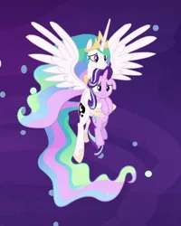 Size: 720x899 | Tagged: safe, derpibooru import, screencap, princess celestia, starlight glimmer, alicorn, pony, unicorn, a royal problem, cropped, dream, dream realm, ethereal mane, female, floppy ears, flowing mane, holding a pony, luna's cutie mark, mare, momlestia fuel, sad