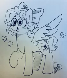 Size: 1024x1195 | Tagged: safe, artist:sandwichbuns, derpibooru import, oc, oc:ladybird, pegasus, pony, female, magical lesbian spawn, mare, monochrome, offspring, parent:fluttershy, parent:rainbow dash, parents:flutterdash, solo, traditional art