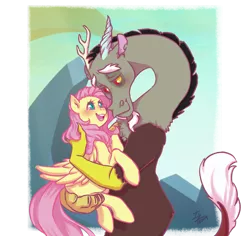 Size: 2518x2381 | Tagged: safe, artist:yami-sempai, derpibooru import, discord, fluttershy, draconequus, pegasus, pony, to where and back again, blushing, discoshy, eye contact, female, folded wings, holding a pony, hug, looking at each other, male, mare, scene interpretation, shipping, simple background, smiling, straight, transparent background, wings