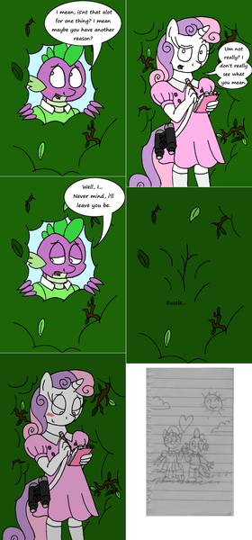 Size: 2564x5502 | Tagged: safe, artist:americananomaly, derpibooru import, spike, sweetie belle, anthro, anthroquestria, binoculars, blushing, clothes, dress, female, male, notepad, shipping, spikebelle, straight