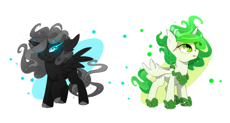 Size: 964x515 | Tagged: safe, artist:taiga-blackfield, derpibooru import, oc, oc:eos, oc:malice, alicorn, pony, alicorn oc, chibi, horn, wings