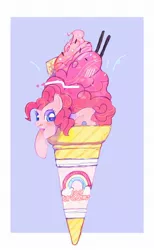 Size: 1258x2048 | Tagged: safe, artist:poneko-chan, derpibooru import, pinkie pie, earth pony, pony, abstract background, blushing, cute, diapinkes, female, food, ice cream, ice cream cone, mare, micro, ponies in food, solo, tongue out