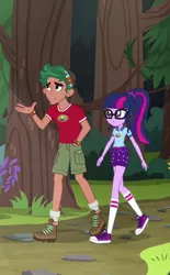 Size: 409x658 | Tagged: safe, derpibooru import, screencap, sci-twi, timber spruce, twilight sparkle, equestria girls, legend of everfree, boots, camp everfree outfits, clothes, converse, cropped, female, glasses, hand in pocket, legs, male, ponytail, shoes, shorts, sneakers, socks