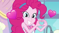 Size: 1920x1080 | Tagged: safe, derpibooru import, screencap, pinkie pie, equestria girls, equestria girls series, the craft of cookies, spoiler:eqg series (season 2), cute, diapinkes, floating heart, heart, heart hands, looking at you, smiling, solo