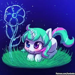 Size: 750x750 | Tagged: safe, artist:lumineko, derpibooru import, oc, oc:ice thorn, unofficial characters only, pony, unicorn, :t, blue background, blushing, crouching, cute, female, filly, flower, glowing horn, gradient background, grass, heterochromia, horn, ice, ice flower, ice magic, magic, multicolored eyes, multicolored hair, ocbetes, prone, simple background, smiling, solo, sparkles