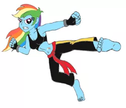 Size: 6280x5344 | Tagged: safe, artist:onse227, derpibooru import, rainbow dash, equestria girls, absurd resolution, barefoot, belly button, clothes, feet, fingerless gloves, gloves, karate, martial arts, midriff, midriff cutie mark, red belt, sports bra, trousers