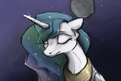 Size: 1784x1205 | Tagged: safe, artist:cookiedesu, color edit, derpibooru import, edit, princess celestia, alicorn, pony, bust, color, colored, eyes closed, female, grayscale, mare, monochrome, moon, portrait, sad, simple background