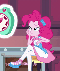 Size: 800x948 | Tagged: safe, derpibooru import, screencap, pinkie pie, equestria girls, equestria girls series, the craft of cookies, spoiler:eqg series (season 2), animated, apron, cartoon physics, clothes, cookie, cropped, cupcake, cute, diapinkes, food, gif, hammerspace, hammerspace hair, kitchen, legs, oven, pinkie being pinkie, pinkie's kitchen, pinkie's magic hair, solo, timer