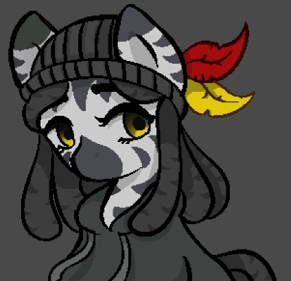 Size: 424x410 | Tagged: artist needed, beanie, clothes, derpibooru import, dreadlocks, feather, female, hat, hoodie, oc, oc:indikashigo, pixel art, safe, solo, source needed, unofficial characters only, yellow eyes, zebra