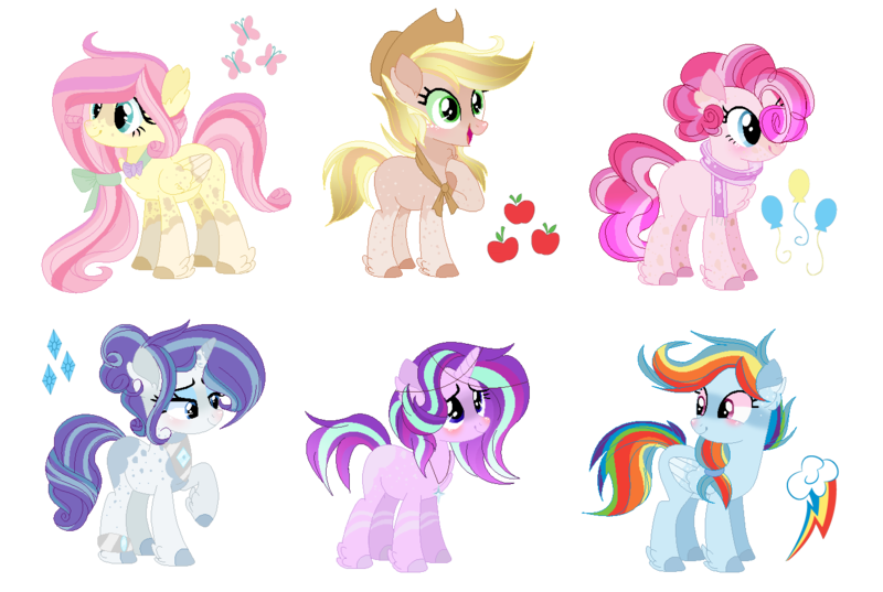 Size: 1404x942 | Tagged: safe, artist:xxcutecookieswirlsxx, derpibooru import, applejack, fluttershy, pinkie pie, rainbow dash, rarity, starlight glimmer, pony, alternate design, simple background, transparent background