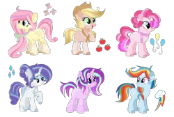 Size: 1404x942 | Tagged: safe, artist:xxcutecookieswirlsxx, derpibooru import, applejack, fluttershy, pinkie pie, rainbow dash, rarity, starlight glimmer, pony, alternate design, simple background, transparent background