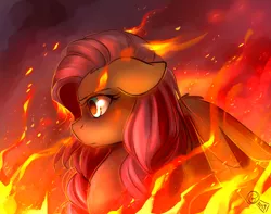 Size: 950x750 | Tagged: safe, artist:its-gloomy, derpibooru import, fluttershy, pegasus, pony, angry, badass, bust, female, fire, floppy ears, flutterbadass, mare, profile, solo, spread wings, wings