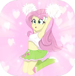 Size: 2275x2289 | Tagged: safe, artist:efk-san, derpibooru import, fluttershy, butterfly, equestria girls, armpits, belly button, boots, cheerleader, clothes, cute, female, gift art, heart, high heel boots, high res, midriff, miniskirt, pom pom, shirt, shoes, shyabetes, skirt, sleeveless, socks, solo, tanktop