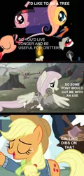 Size: 824x1713 | Tagged: animal, applejack, axe, best gift ever, bird, candle, caption, comic, critters, derpibooru import, duck, edgy, edit, edited screencap, ferret, fluttershy, hug, mouse, over a barrel, pinkie pie, rabbit, rainbow dash, safe, screencap, smug, squirrel, text, the hooffields and mccolts, train, tree, tree stump, twilight sparkle, weapon, winghug