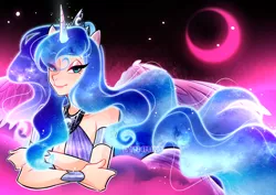 Size: 1600x1132 | Tagged: artist:dyn4m1k3, beautiful, bedroom eyes, crescent moon, crown, cute, derpibooru import, eared humanization, ethereal mane, eye clipping through hair, galaxy mane, horn, horned humanization, human, humanized, jewelry, lunabetes, moon, princess luna, regalia, safe, solo, starry mane, tailed humanization, winged humanization, wings