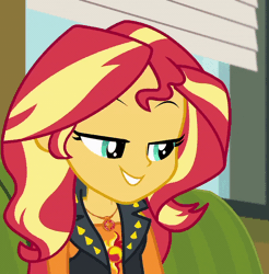 Size: 800x814 | Tagged: safe, derpibooru import, screencap, sunset shimmer, equestria girls, equestria girls series, text support, animated, cropped, cute, female, geode of empathy, gif, magical geodes, shimmerbetes, smiling, solo, text support: sunset shimmer