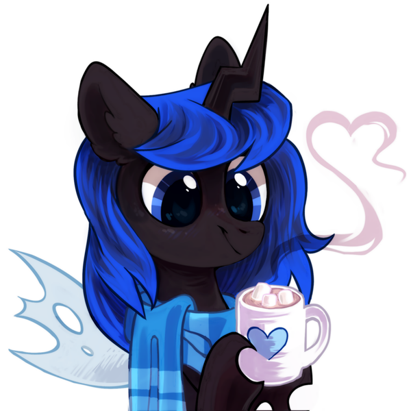 Size: 1700x1700 | Tagged: artist:mirtash, blue changeling, changeling, changeling oc, clothes, commission, cup, derpibooru import, digital art, female, food, hot coco, insect wings, marshmallow, oc, oc:blue visions, rcf community, safe, scarf, solo, unofficial characters only, wings, ych result