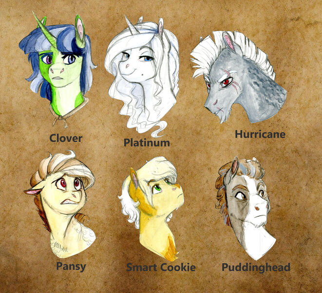 Size: 1280x1162 | Tagged: safe, artist:earthsong9405, deleted from derpibooru, derpibooru import, chancellor puddinghead, clover the clever, commander hurricane, princess platinum, private pansy, smart cookie, earth pony, pegasus, pony, unicorn, brown background, bust, description is relevant, eye scar, female, founders of equestria, headcanon, heterochromia, male, mare, nonbinary, piebald coloring, pinto, portrait, red eyes, scar, simple background, stallion