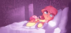 Size: 2817x1303 | Tagged: safe, artist:freeedon, derpibooru import, fluttershy, pegasus, pony, bed, bedroom, cute, eye clipping through hair, female, floppy ears, hair over one eye, indoors, looking up, mare, on bed, pillow, shyabetes, side, signature, solo, stray strand