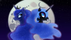 Size: 1600x900 | Tagged: safe, artist:erinsoup, derpibooru import, nightmare moon, princess luna, alicorn, pony, alter ego, armor, bust, crown, duality, ethereal mane, female, full moon, grin, horn, jewelry, lightly watermarked, mare, mare in the moon, moon, night, portrait, profile, regalia, smiling, starry mane, starry night, stars, tiara, watermark