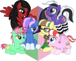 Size: 4697x3793 | Tagged: safe, artist:lightning stripe, derpibooru import, oc, oc:beetle beat, oc:everstar, oc:flowerlocks, oc:hercules, oc:lightning stripe, oc:misty mint, oc:smoky shadows, unofficial characters only, beetle, earth pony, insect, pegasus, pony, rhinoceros beetle, unicorn, :p, black and white mane, black mane, blue, blue coat, brown eyes, clothes, cross-eyed, cutie mark, dappled, eyelashes, eyeliner, female, flying, freckles, glasses, green, green coat, green eyes, group, group shot, hair over one eye, headphones, horn, jumping, lidded eyes, long hair, long mane, long tail, lying, lying down, magenta, magenta eyes, makeup, mare, open mouth, pink, pink coat, ponytail, purple, purple eyes, purple hair, purple mane, red, red and black oc, red coat, red eyes, scarf, short hair, short mane, short tail, show accurate, silly, simple background, sitting, smiling, socks, socks (coat marking), solo, spiky hair, spiky mane, striped mane, striped socks, stripes, sweater, tongue out, transparent background, two toned mane, wing flutter, wings, yellow, yellow coat