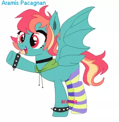 Size: 416x424 | Tagged: safe, artist:onedayhm, artist:selenaede, derpibooru import, oc, oc:rainbow screech, unofficial characters only, bat pony, pony, icey-verse, base used, bat pony oc, bat wings, bracelet, choker, clothes, female, hood, magical lesbian spawn, mare, next generation, offspring, parent:evil pie hater dash, parent:flutterbat, parent:fluttershy, parent:rainbow dash, parents:flutterdash, parents:piehaterbat, raised hoof, simple background, socks, solo, spiked wristband, striped socks, white background, wings, wristband